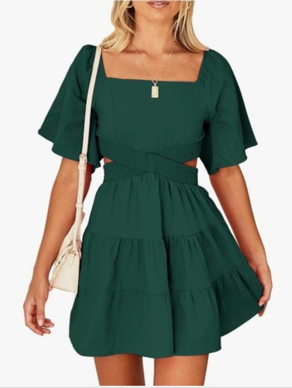 Shy Velvet 100% Cotton Crossover Waist Square Neck Mini Dress. Emerald green. XL